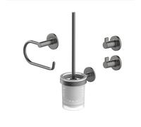 Lenz Sivo 4290052 Ensemble d'accessoires de Salle de Bain en Graphite - 4 pièces - Porte-Papier Toilette, Brosse WC et Deux Crochets pour Serviettes - À Coller ou à percer - avec Surface Anti-Traces