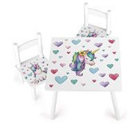 Leomark Table et 2 chaises Table pour Enfants Petit Bureau Couleur Blanc avec Motif la Licorne Dimensions: L 60 x L 60 x H 42 Durable, Multiusage et Facile à Installer