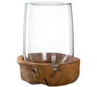 Leonardo Terra 084409 Photophore avec Socle en Teck Fait à la Main en Verre Transparent Hauteur 27 cm Diamètre 23 cm