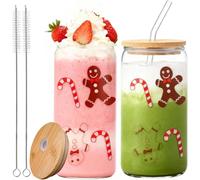 Leonshco Tasse de Noel, Verres de Noël de 500 ml avec Couvercle et Paille | Verres à Boire Bonhomme en Pain D'épices de Noël, Réutilisable Tea Smoothie Cup, Tasse à Café Chaud, Coffret Cadeaux de Noël