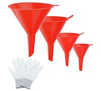 LEONTOOL Lot de 4 Entonnoirs Plastique Rouges Multi-usages Petit à Grand Avec Gants Pour Vidange Auto Transfert Liquide Cuisine