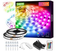 Lepro Ruban LED RGB 15m Sync Musique Avec Télécommande et 12V Adaptateur | 15m (2x7.5m), 300 LEDs 5050, 36W, LED chambre RGB de musique pour mariage, soirée.
