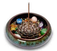 Lermende Porte Encens en Ceramique: Porte-encens avec Lotus Amovible à Pierres de Chakra et Couvercle Métallique, Brûleur D'encens pour la Méditation, Adapté aux Bâtons D'encens, Cônes et Spirales