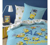 Les Minions Fête Parure de lit imprimée 100% coton - Licence officielle | Housse de Couette 140x200 cm + 1 taie 63x63 cm | Fermeture boutons | Chambre enfant, lit 1 place | Certification Oeko-Tex