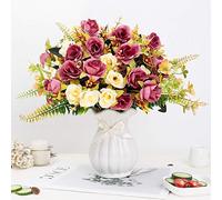 LESING Fleurs artificielles avec Vase - Roses artificielles en Soie - Bouquet de Fleurs de Mariage, Maison, Bureau, fête, Salle de réunion (Violet Rouge-1)