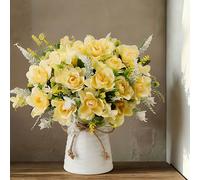 LESING Fleurs Artificielles dans Un Vase en Céramique Fausses Gardénia Fleurs en Soie Bouquet De Mariée Fleur Réaliste pour La Fête De Mariage Maison Décoration De Table Centres (Champagne)