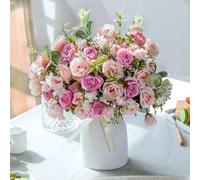 LESING Rose Artificielle en Soie avec Vase - Bouquet de Fleurs artificielles pour Mariage, Maison, Bureau, fête, décoration de Table (Rose)