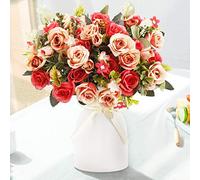 LESING Rose Artificielle en Soie avec Vase - Bouquet de Fleurs artificielles pour Mariage, Maison, Bureau, fête, décoration de Table (Rouge)