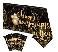 Lets Joy 3 Pièces Nappe Couverture Table 2026, 108 x 180cm Nappe de Nouvel an, Happy New Year Décorations du Nouvel an, Or Noir Décorations Bonne Année Fournitures de Fête