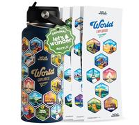 LET'S WANDER Bouteille d'eau World Explorer Adventure avec 50 autocollants étanches - 946 ml - Bouteille isotherme anti-fuite en acier inoxydable avec paille - Bouteille cadeau pour objectif de voyage