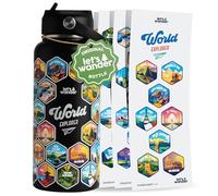 LET'S WANDER Bouteille d'eau World Explorer Adventure avec 50 autocollants étanches - 946 ml - Bouteille isotherme anti-fuite en acier inoxydable avec paille - Bouteille cadeau pour objectif de voyage
