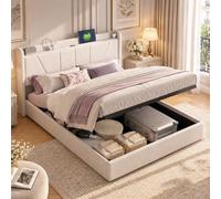 Letto matrimoniale moderno, 160x200 con contenitore idraulico, letto matrimoniale imbottito in lino con 2 USB e Type-C, testiera con contenitore, letti matrimoniali moderni con rete a doghe, beige