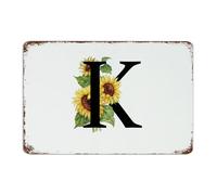 Lettre initiale K avec monogramme amusant en métal - Plaque en métal personnalisée - Fleurs avec feuilles vertes - Décoration murale pour terrasse, intérieur et jardin - 20,3 x 30,5 cm