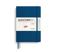 LEUCHTTURM1917 Agenda hebdomadaire 2027 Dotted Medium (A5) avec carnet à pois - Agenda semainier en anglais, indigo, couverture rigide, 145 x 210 mm, janvier à décembre 2027, vue hebdomadaire à gauche