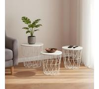 levandeo Lot de 3 tables d'appoint en métal avec panier en métal - Blanc - Table basse avec couvercle de rangement - Table décorative