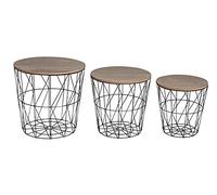 levandeo Lot de 3 tables d'appoint en métal avec panier en métal et panier métallique Noir/marron Table basse avec couvercle de rangement Design Décoration Maison