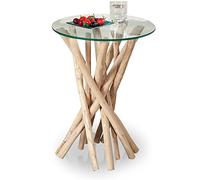 levandeo Table d'appoint en bois flotté - 50 x 40 x 40 cm - Verre de sécurité - Table basse unique - Bois massif naturel - Fabriquée à la main