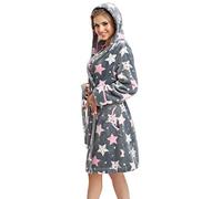 LEVERIE Robe de chambre/Peignoir/veste hyver femme avec Capuche et Poches, gris étoiles, L
