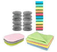LEVIATAN Lot de 30 Chiffons de Cuisine en Microfibre, Chiffons de Nettoyage, Lot de 10, éponge de Cuisine, éponge à Casserole, éponge de Nettoyage Double Face, 12 éponges en Acier, 3 Bouteilles de