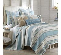 Levtex Home Blue Maui Parure de lit pour très Grand lit/californien + 2 taies d'oreiller King Size Motif côtier rayé Bleu Clair, crème et Brun Clair, Taille de la Couette (106 x 92), taie d'oreiller