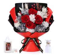 Lewondr Bouquet de Fleurs Préservées avec Vase - 4 Roses & Fleurs Réelles, Bouquet Roses Éternelles Durable, Cadeau Éternel pour Mère, Épouse, Saint-Valentin Anniversaire ou Anniversaire, Rouge