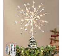Lewondr Décoration pour Sapin de Noël, Cime de Sapin de Noël, Étoile 3D Métallique de 10,63" avec 30 LED, Contrôle USB et Télécommande, Minuterie 6H, 8 Modes d'Éclairage, Argenté