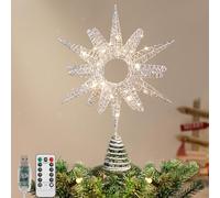 Lewondr Décoration pour Sapin de Noël, Étoile Métallique 3D de 14,17" avec 30 LED, Télécommande USB, Forme Tournesol Scintillante, 6H Minuterie, 8 Modes d’Éclairage, Argenté