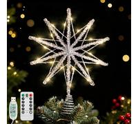 Lewondr Étoile Cime Pour Sapin De Noël 20 LED, 13.8 Pouce Étoile À 10 Pointes En Résine Scintillante, Cime Alimentée Par USB Et Télécommande Pour Décoration Sapin De Noël, Minuterie 6H&8 Modes, Argent