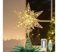 Lewondr Etoile Sapin de Noel, Pointe d'Etoile Hexagonale pour Sapin de Noël Alimenté par Pile/USB avec Lumières LED + Base en Spirale, Decoration Noel Intérieur pour Maison Salon Chambre Jardin - Or