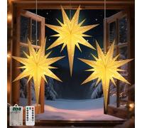 Lewondr Lanternes Étoile En Papier De Noël 3 Pièces | Lumières Étoile De Bethléem Suspendues Avec Télécommande, Lanternes Papier LED Minuterie 6H Pour Déco Maison, Lumière Chaude