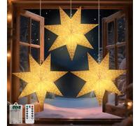 Lewondr Lanternes Étoile Papier Noël 3 Pièces Avec Minuterie 6H | Lumières Étoile Suspendues Avec Points Creux, Lanternes Papier LED Pour Déco Maison Fêtes, Télécommande, Lumière Chaude
