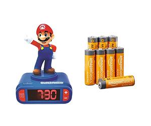 Lexibook - Nintendo Super Mario - Réveil Veilleuse, Personnage Lumineux, Choix de 6 alarmes, 6 Effets sonores, Bleu/Rouge - RL800NI & Amazon Basics Piles alcalines 1,5 V - Lot de 8