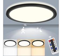 LEZOE Plafonnier LED Dimmable avec Détecteur de Mouvement Radar 24W 2400LM, Lumineux avec Télécommande 3000K-6000K Plafonnier, 2.5cm Ultra Fin Lampes de Plafond pour Bains Garage Couloir Ø30CM Noir
