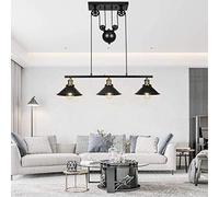 Lfoute Suspension Industrielle Vintage 3 Lampes E27 Lustre de Billard à Poulie Réglable en Hauteur Suspension Métal Noir pour Salle à Manger Loft Cuisine Salon Café