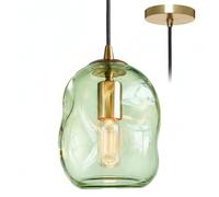 LFsem Suspensions en Verre Vert Incurvé Vintage E27 Lampe Suspendue | Lustre Suspendu Luminaire pour Cuisine, Salle à Manger, Salon & Chambre | Abat-jour en Verre Art Déco & Métal Laiton Brossé