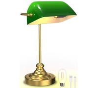 LGMCF Lampe de bureau banquier avec base en bronze antique, abat-jour en verre vert et interrupteur à corde pour la maison et le bureau