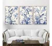 lianyibo Lot de 3 impressions sur toile motif oiseaux floraux bleus et blancs, art mural moderne, décoration murale pour chambre à coucher, salon, couloir, 50 x 60 cm, sans cadre