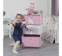 Liberty House Toys Commode licorne pour enfants, chambre d'enfant, chambre d'enfant, salle de jeux, vêtements, jouets - Cadre en acier, dessus en bois, 3 bacs en tissu
