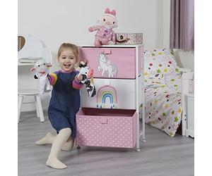 Liberty House Toys Commode licorne pour enfants, chambre d'enfant, chambre d'enfant, salle de jeux, vêtements, jouets - Cadre en acier, dessus en bois, 3 bacs en tissu