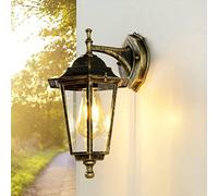 Licht-Erlebnisse Applique murale extérieure en verre et aluminium doré antique, IP44 pour maison et balcon, hauteur 36 cm, E27, lanterne nostalgique, style rustique PARIS
