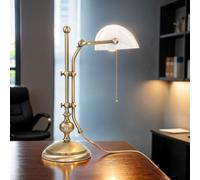 Licht-Erlebnisse Lampe de banquier en laiton verre en bronze clair blanc bureau bureau 46 cm E27 interrupteur à tirette premium lampe de table Art Nouveau salon