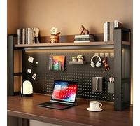 LIDANGUH Organisateur d’étagère de Bureau à 2/3/4 Niveaux Panneau perforé, bibliothèque de Bureau métallique autoportante, Accessoires de Rangement Dessus de Bureau(Black+Oak,(3-Tier) 37.4x10x36.7)
