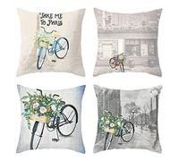 Lieson Coussin Canapé 40x40, Housse de Coussin Imprimé Bleu Blanc Gris Taies d'oreiller Décoratives Fleur Vélo Bâtiment, Polyester