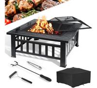 LIFERUN Brasero Exterieur Barbecue Ø81cm, 3 en 1 Carrée Brasero de Table | 3 en 1 Chauffage de Terrasse avec Grille, Tisonnier, Pare-étincelles, Maille de Carbone, Pinces à Gril, Brosse, 4 pcs Pied
