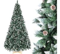 LIFERUN Sapin de Noël Artificiel 180cm, Sapin Nordmann Premium, Arbre de Noël Artificiel avec Neige Artificielle et 32PCS Vrais Cônes, 1092 Branches, Aspect Hivernal, Socle en Bois, pour Noël