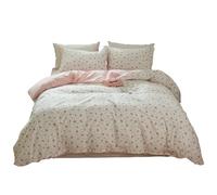 LifeTB Parure de lit en Coton avec Housse de Couette à Motif Floral Rose et Blanc pour Grand lit, Housse de Couette à Motif Floral Rose et Blanc avec Fermeture éclair pour Grand lit