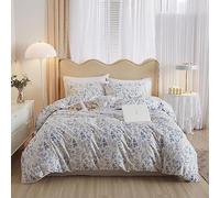 LifeTB Style Vintage Housse de Couette en Coton Floral Queen Boho Bleu Floral Ensembles de literie Chic Shabby Aesthetic Floral Confortable Housse de Couette Botanique Douce Ensembles de literie 1