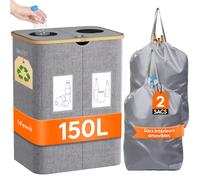 Lifewit Collecteur de Bouteilles avec Couvercle 2 Compartiment, Poubelle Tri Selectif pour Plastique, Bouteilles Verre, Poubelle Exterieur de Recyclage avec Trou, Cuisine Rangement, 150L, Gris Clair