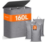 Lifewit Panier à Linge avec Couvercle, Grand Corbeille à Linge avec Poignées, Bac Linge Sale avec Sacs Amovibles, Bac Pour Chambre, Salle de Bain, Buanderie, 3 Compartiments, 160 L, Gris Clair