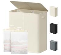 Lifewit Panier à Linge avec Couvercle, Grand Corbeille à Linge avec Poignées, Bac Linge Sale avec Sacs Amovibles, Bac Pour Chambre, Salle de Bain, Buanderie, 2 Compartiments, 145 L, Blanc
